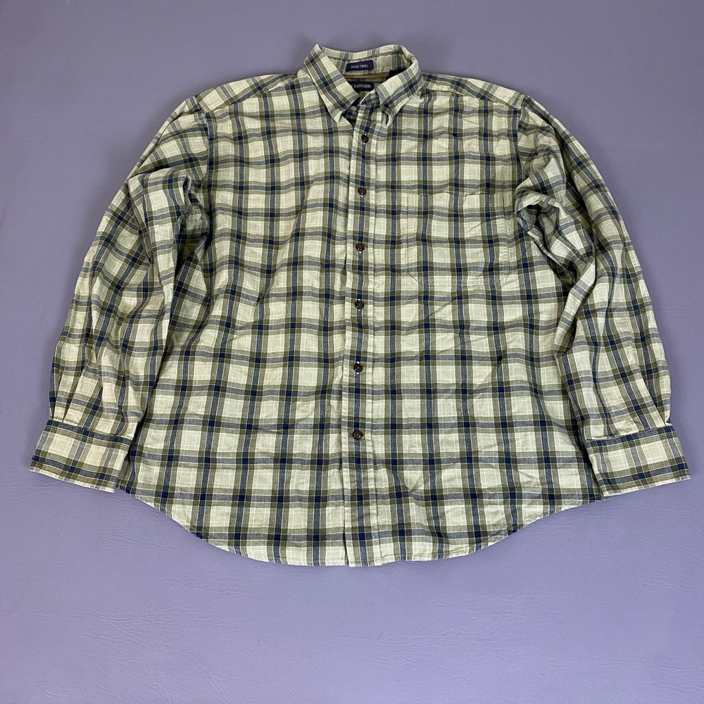 St Johns Bay Button Down Shirt Men's Large Jaspe Twill Plaid Green‎ Blue Cotton